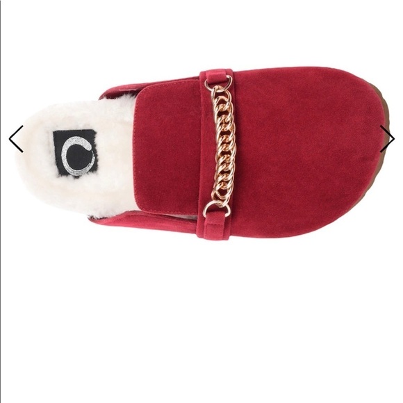 NEW Journee Collection Red Mule Flat Red Slip On Faux Fur Lining Gold Chain 9 - Picture 3 of 10